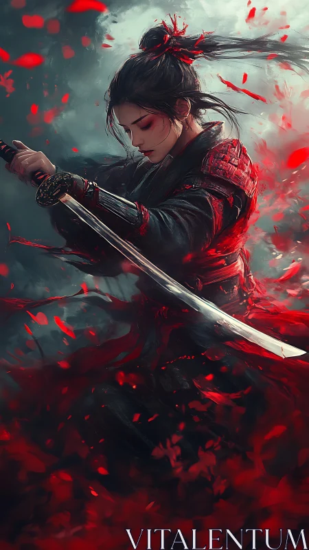 Samurai warrior with drawn katana amid red particles.