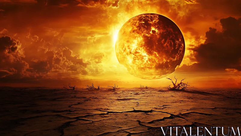 Large fiery planet over cracked barren desert plain.