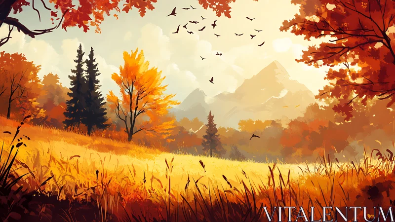 Autumnal mountain meadow under warm atmospheric backlighting.