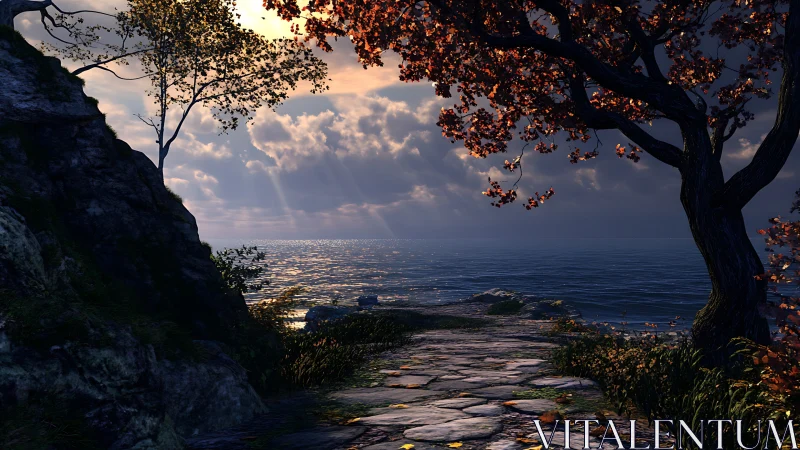 Rendered Coastal Aperture with Tonal Trees Framing Luminous Seascape