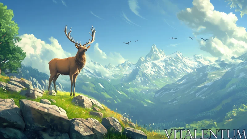 Majestic elk calmly surveys a bright sunlit mountain valley