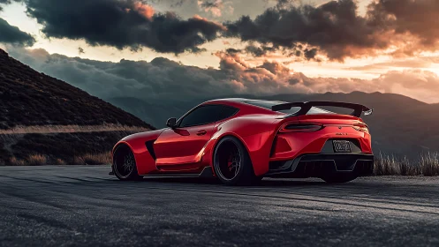 Red sports car dominates mountain pass at dramatic sunset.