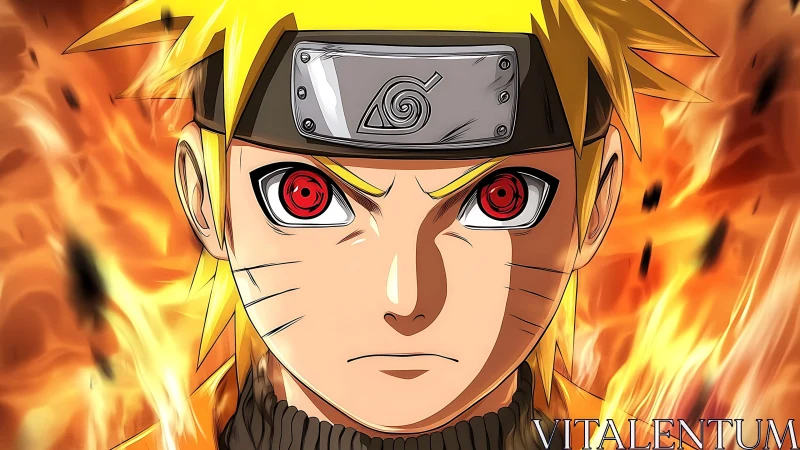Blond ninja warrior with red eyes amid blazing chakra flame.