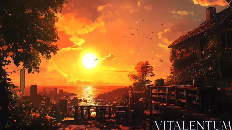 Radiant coastal sunset over terrace and distant cityscape.