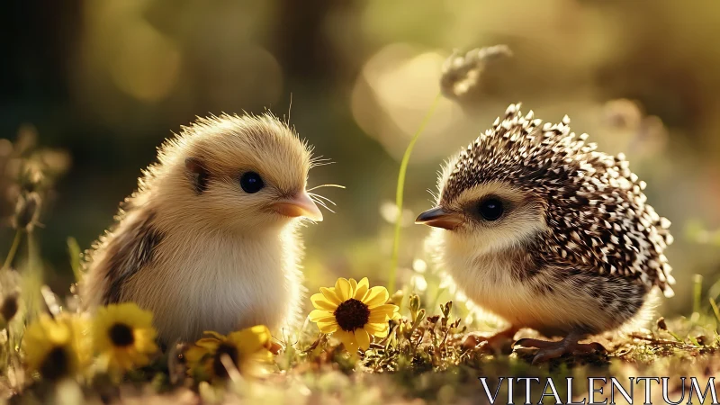 Two adorable baby birds in soft golden sunlight, whimsical style.