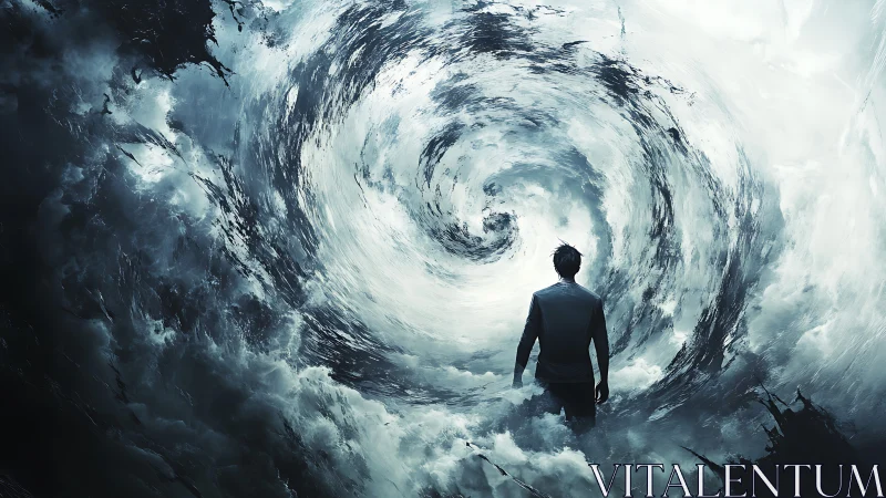 Man stands before swirling storm vortex in dark clouds.
