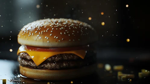 Double cheeseburger close-up in cinematic moody lighting.