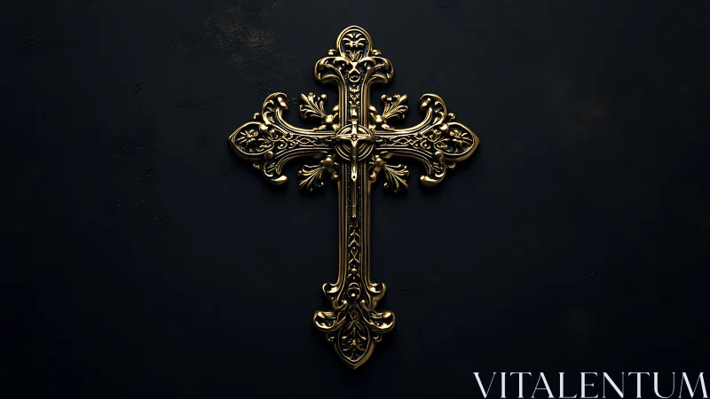 Ornate golden crucifix on matte black textured backdrop.