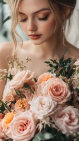 Bride holds lush peach roses under soft natural light.