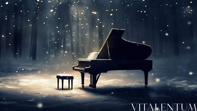 Grand piano and stool in snowy forest clearing at night.