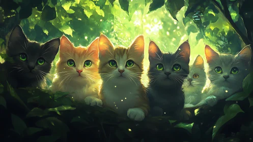 Luminescent Feline Ensemble in Enchanted Forest Canopy.