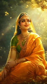 Radiant Indian woman in golden sari under forest sunlight.