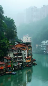 Riverside dwellings beneath misty high‑rise skyline at dawn.