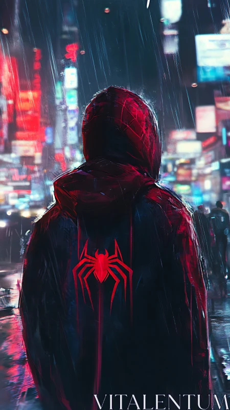 Hooded spider emblem figure stands in neon-soaked rainy cityscape