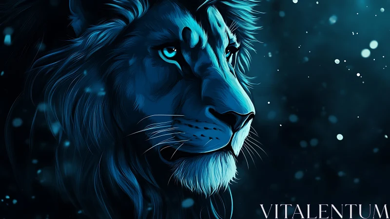 Bioluminescent blue lion portrait in high contrast profile