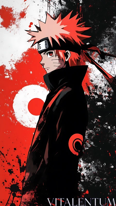 Spiky haired anime ninja in red black abstract splatter art