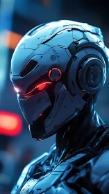 Futuristic combat android with alloy armor and red optics.