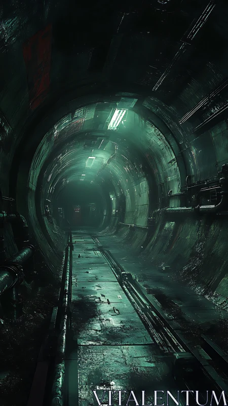 Industrial tunnel corridor with green overhead lighting.