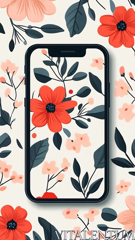 Botanical Mobile Phone Wallpaper with Red and Blush Floral Design