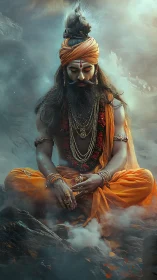 Robe-clad bearded figure in seated pose amid rising mist.