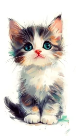 Digital Painted Kitten Portrait with Stylized Brush Strokes and Turquoise Eyes