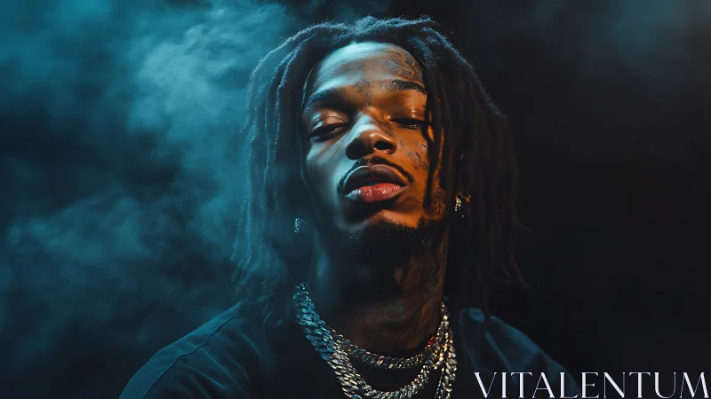 Moody portrait in swirling blue haze and soft studio light.