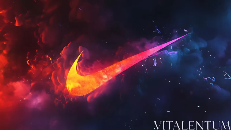 Neon swoosh logo streaks through volumetric cosmic smoke field