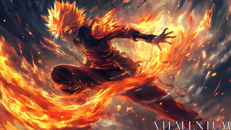 Fire-wreathed anime warrior unleashes swirling inferno power.
