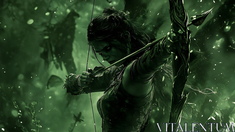 Hunter draws bowstring in dense glowing forest ambush