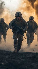 Combat soldiers charge through smoke under explosive fire.