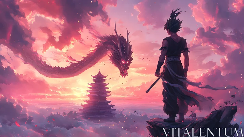Warrior observes serpentine dragon above pagoda at sunset