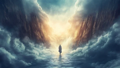 Luminescent parted sea corridor with cloaked solitary figure.