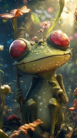 Whimsical red-eyed frog rendered in luminous forest glade.