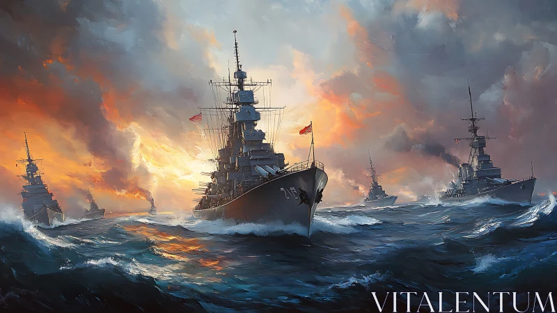 Storm-lit warships cutting through wild painted seas.