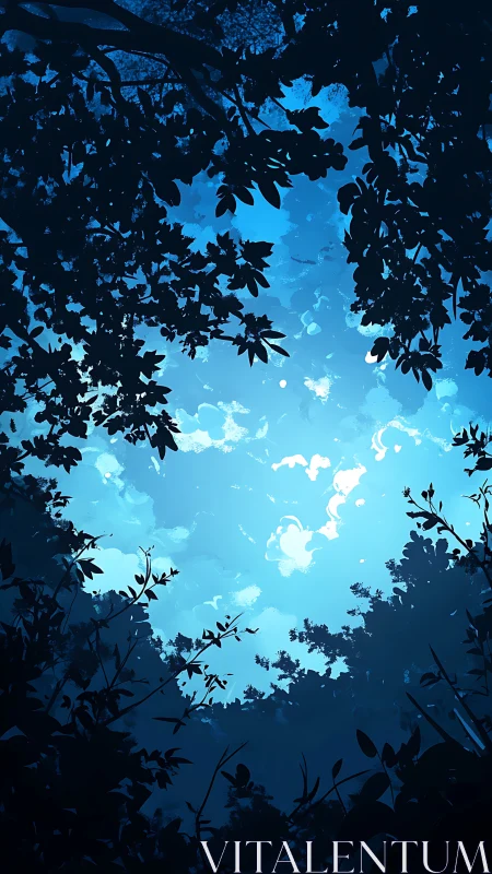 Peaceful Canopy View Framed by Silhouetted Leaves