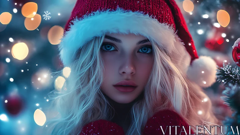 Young woman in Santa hat against soft Christmas lights.