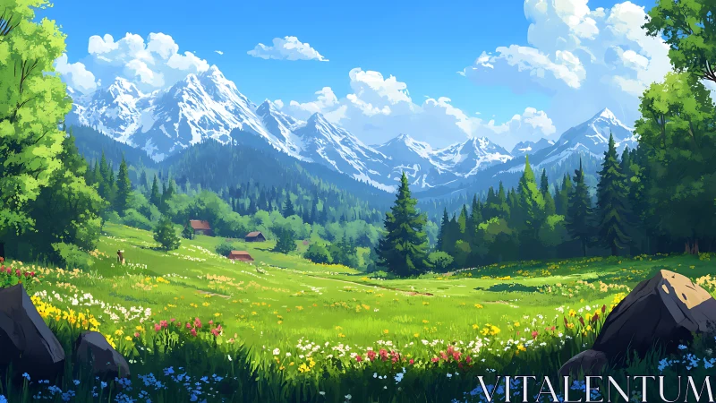 Sunlit alpine meadow rendered with layered atmospheric depth