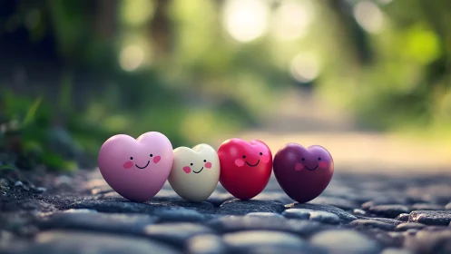 Four Smiling Heart Characters on Stone Path.