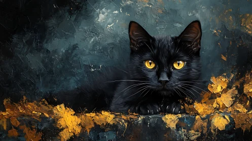 Black Cat with Golden Eyes Against Textured Teal and Gold Background