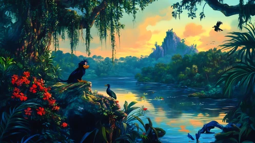 Cartoon birds overlook reflective jungle river at sunrise