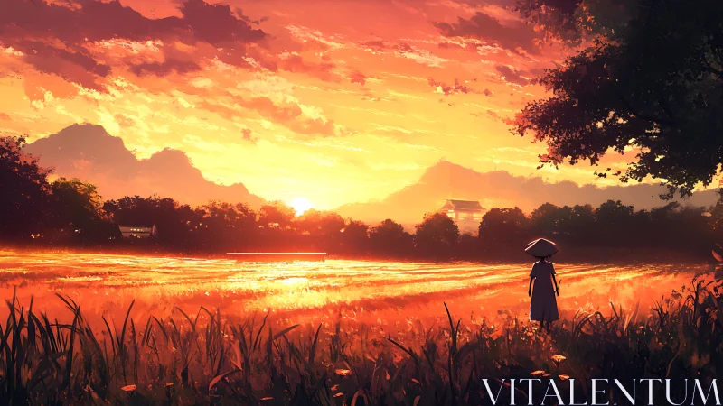 Figure viewing illuminated rice field at sunset horizon.