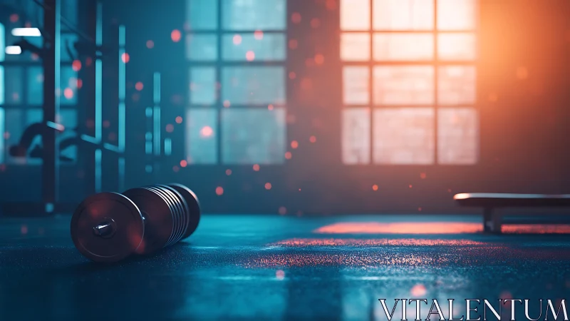 Solitary dumbbell rests in a moody, neon lit training studio