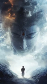 Solitary seeker walks toward colossal divine face in clouds