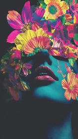 Female portrait with neon flowers and dark background.