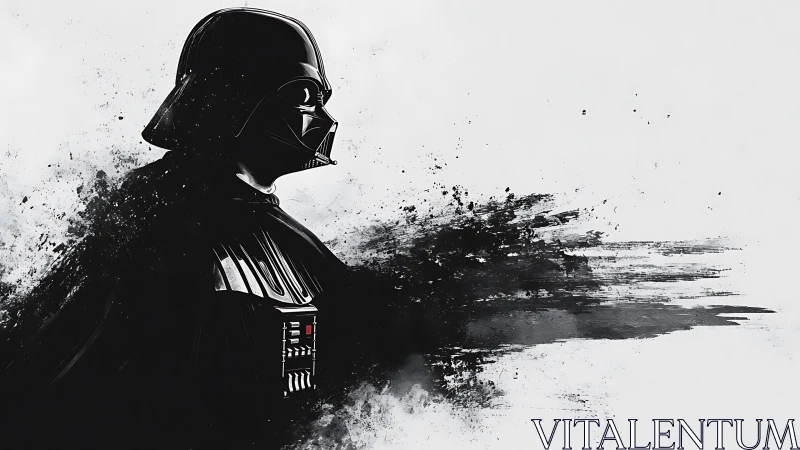 Dark armored figure dissolves into abstract black splashes