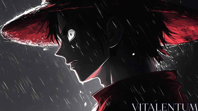 Profile view of straw hat anime figure under heavy rain.