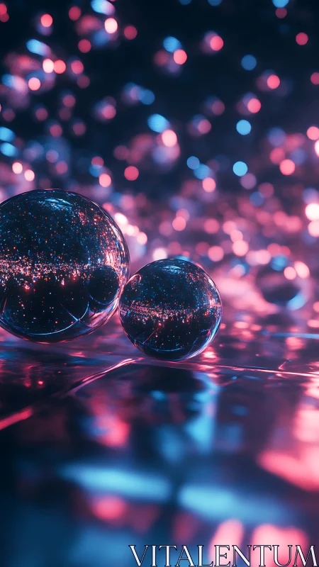 Glowing glass spheres rest on reflective neon surface