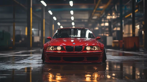 Red BMW coupe under moody warehouse cinematic lighting.