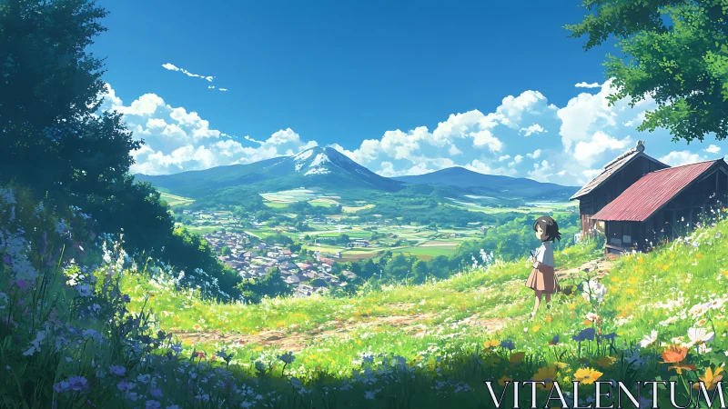 Sunlit hillside girl gazing over a peaceful mountain village.