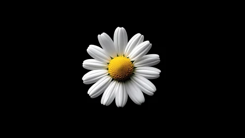 White Daisy with Yellow Center on Black Background.